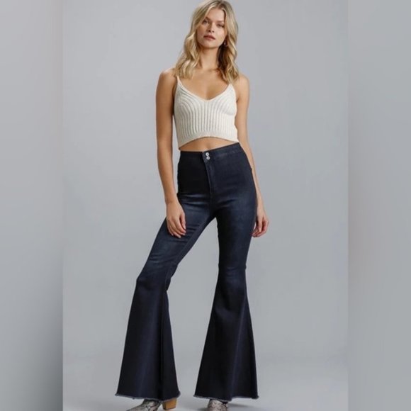Umgee High Rise Fringe Hem Bell Bottom Stretch Denim Jeans Dark Blue Wash New 7 - Picture 4 of 14